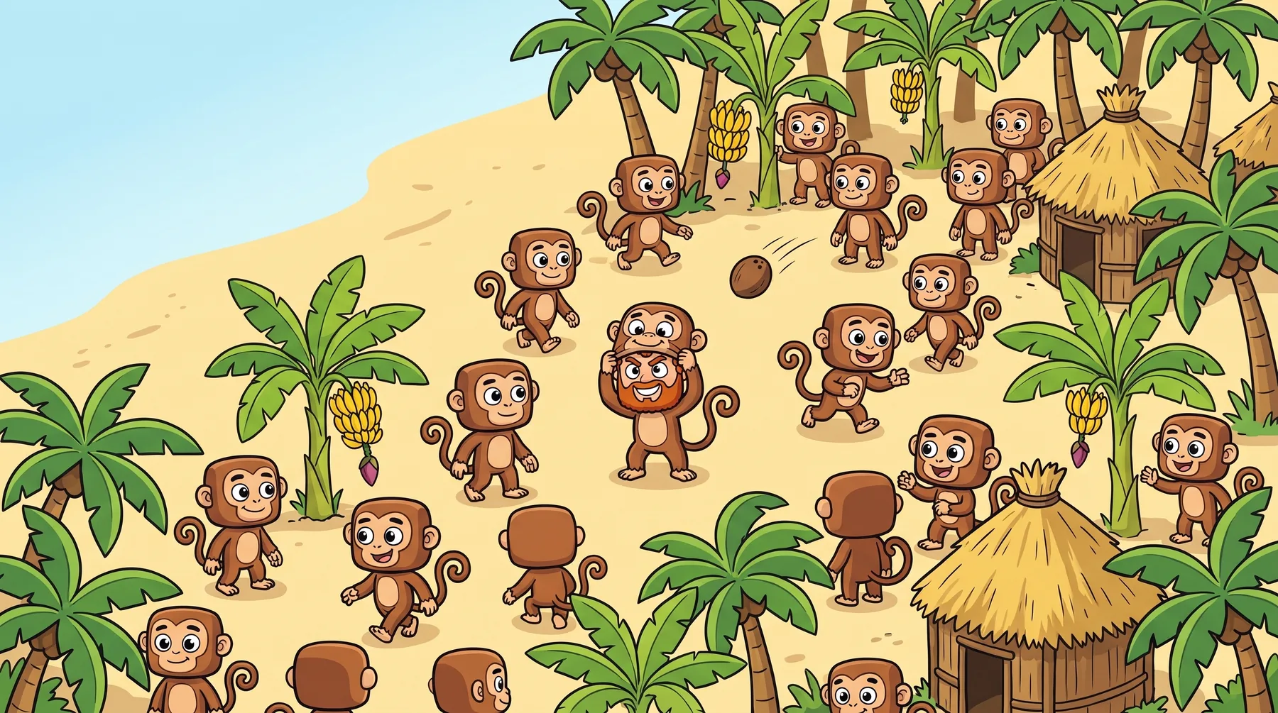 A crowd of identical cartoon monkeys on a beach, one of them a bearded player peeking out of his monkey disguise