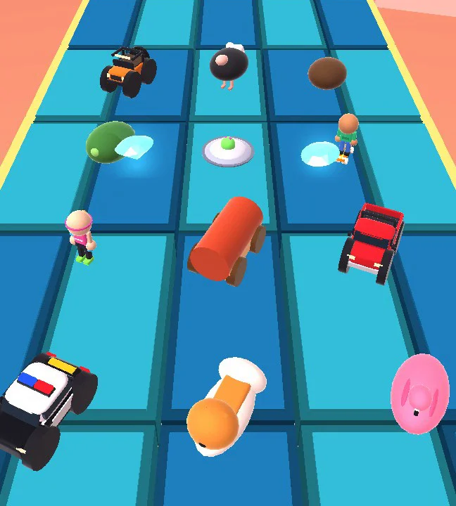 A lineup of Overlane vehicles on the track: a police car, monster trucks, a bathtub, a flying saucer, a pig and more